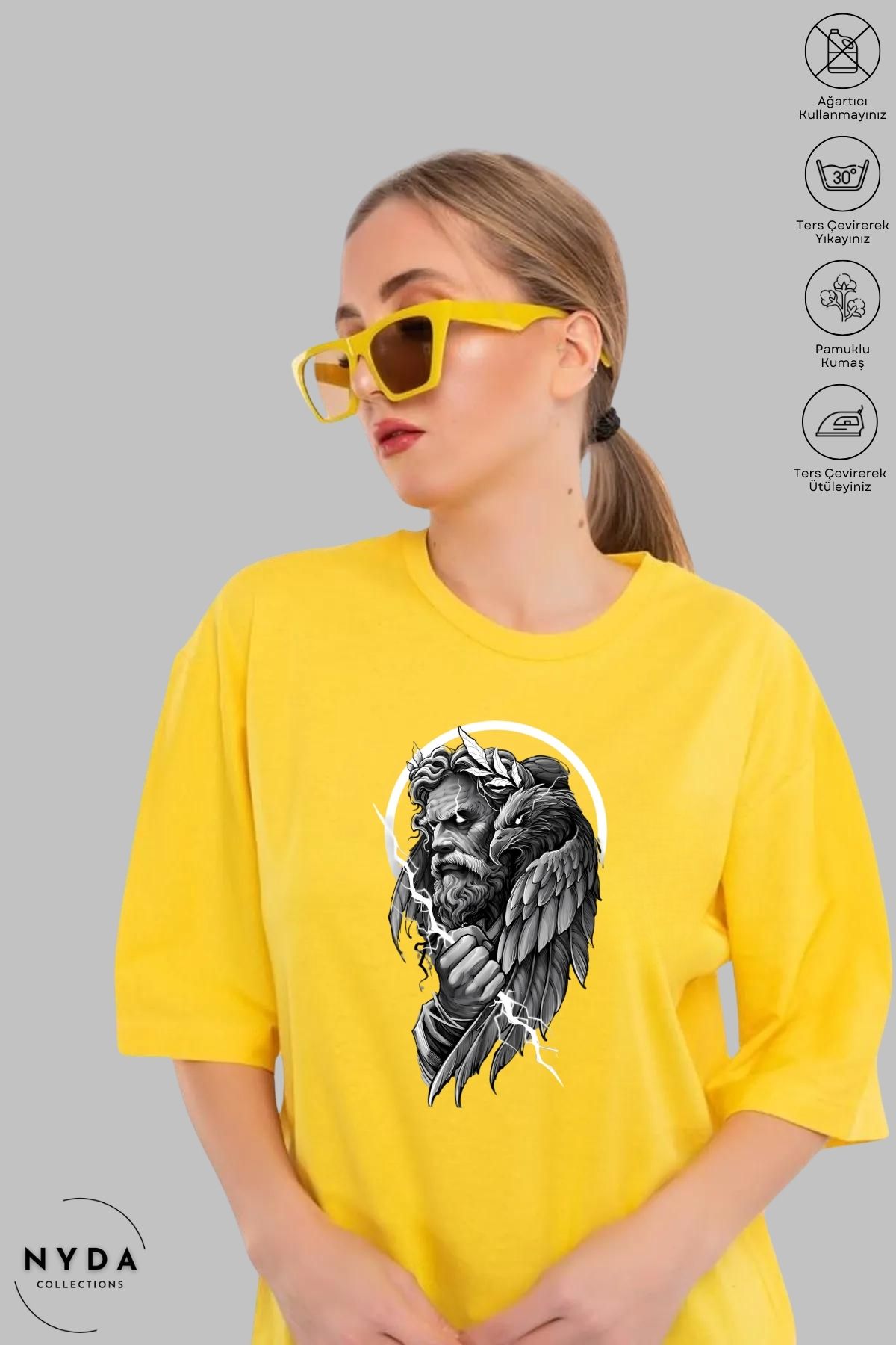 Nyda Collections Unisex Bisiklet Yaka Zeus Baskılı Pamuk Oversize Kısa Kollu Tişört