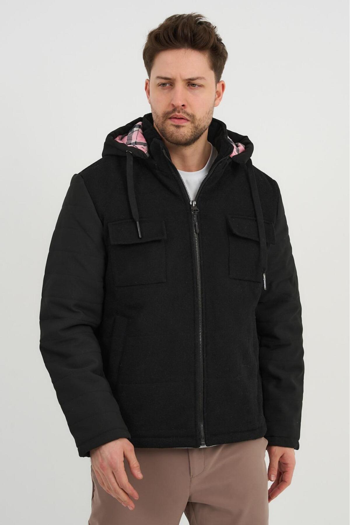 KAPÜŞONLU YÜNLÜ MONT (E20-379401) — مشکی — تصویر 2 از 5
