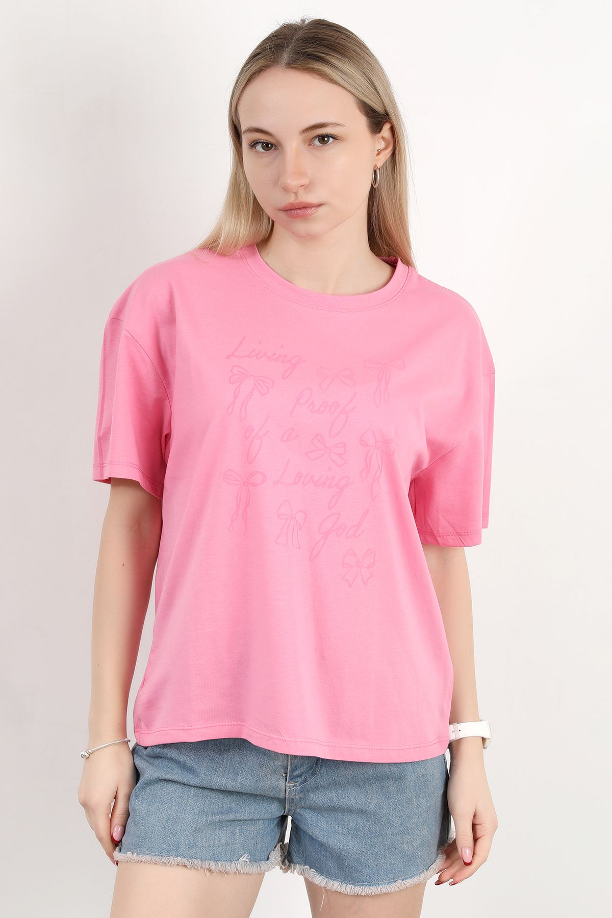 GİYSA Kadın Bisiklet Yaka Baskılı Pamuklu T-Shirt Pembe - 925033