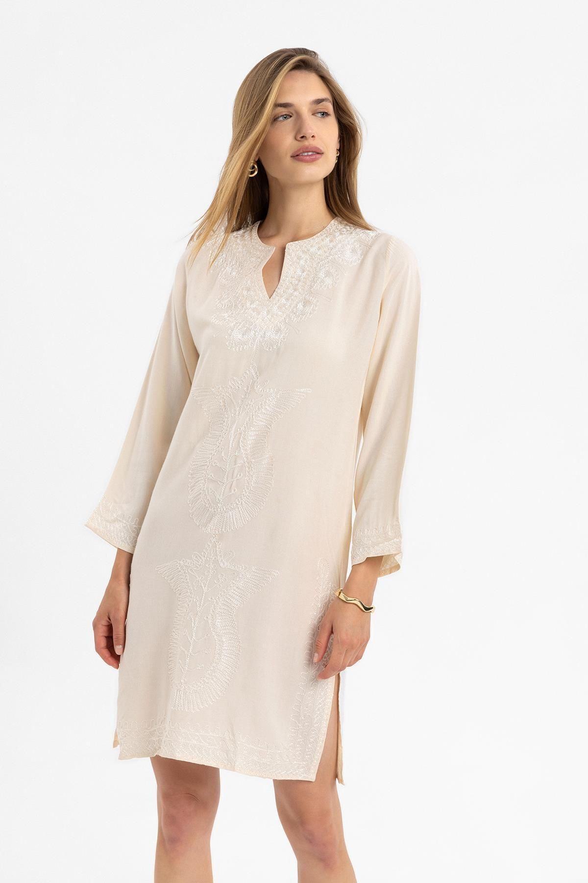 Deriderim-Cream Embroidery Embroidered Long Sleeve Unlined Anti-Sweat Cotton Short Dress 6