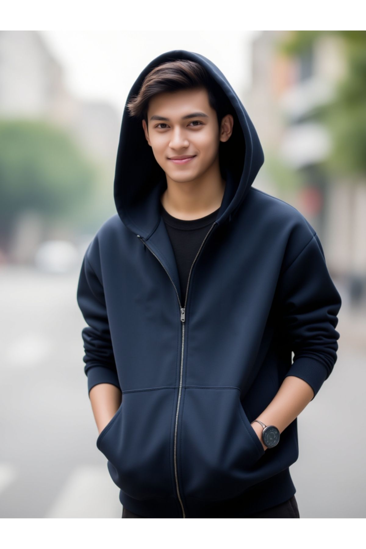 DEEPSENCE-Unisex Navy Blue Hooded Jacket 3