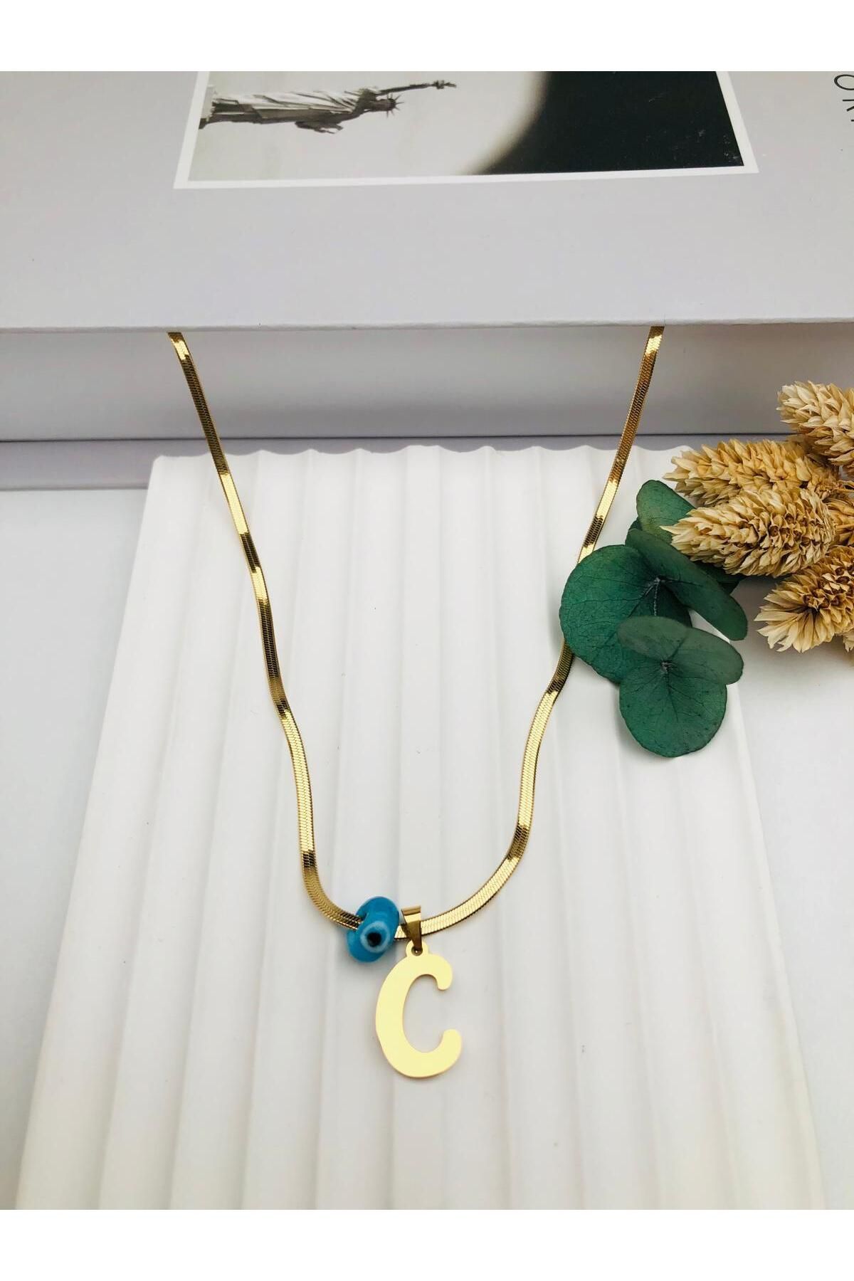 nerede bulurum Nazar Boncuklu İtalyan (C) Harf Çelik Kolye 45 cm (Gold) 0106237