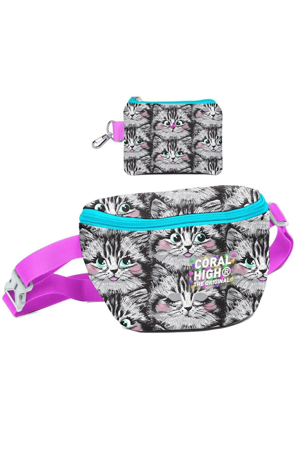 Coral High-Girl's Gray Cat Pattern Waist Bag and Coin Purse Set 1