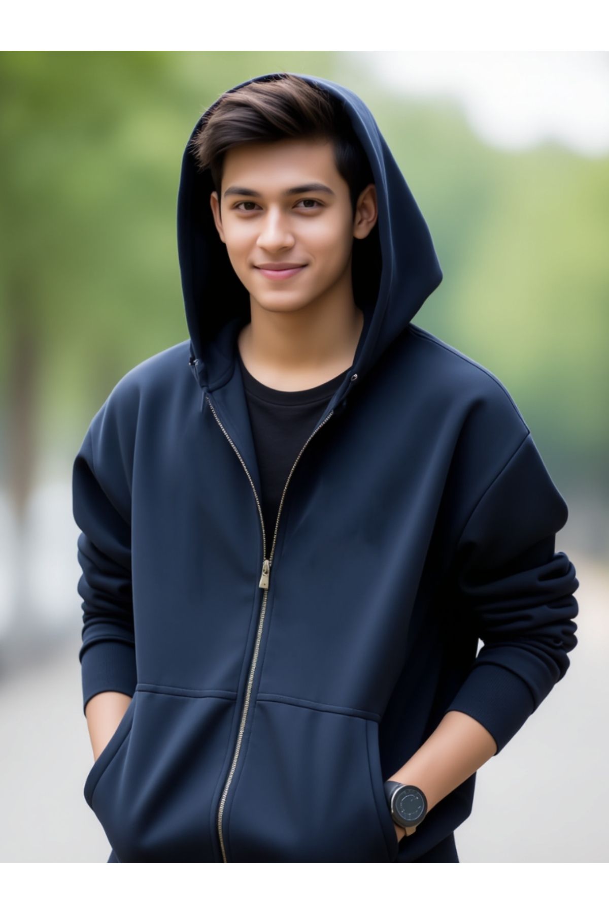 DEEPSENCE-Unisex Navy Blue Hooded Jacket 2