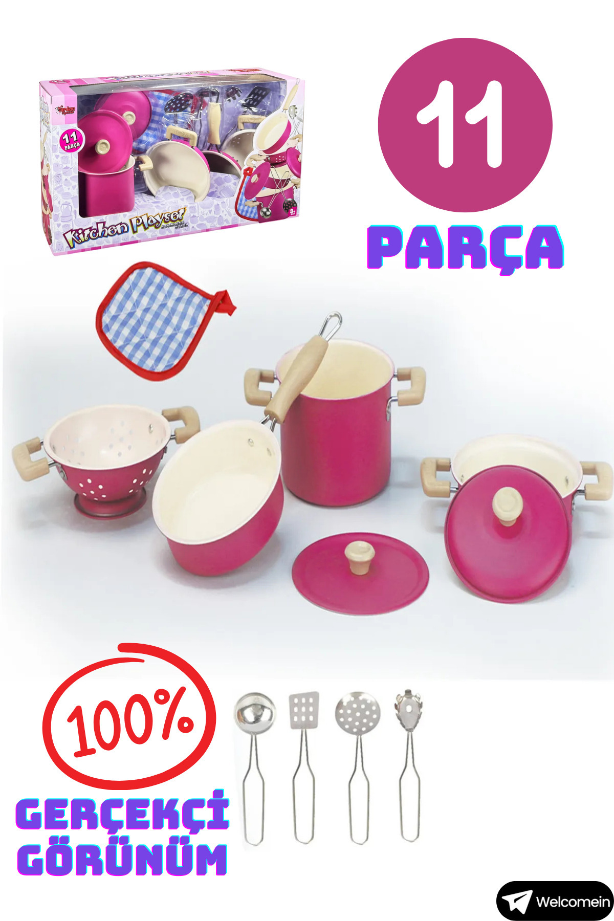welcomein-11 Pieces Stainless Steel Cookware Pan Kitchen Cooking Kit Enamel Educational Tutorial for Girl Child 1