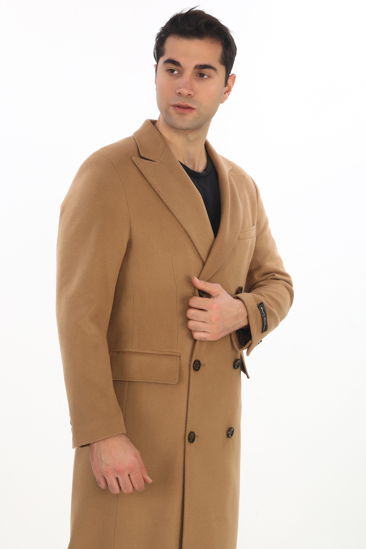 4439 Erkek Camel Kemerli Kruvaze Uzun Palto — زرد 44392024 — تصویر 3 از 6