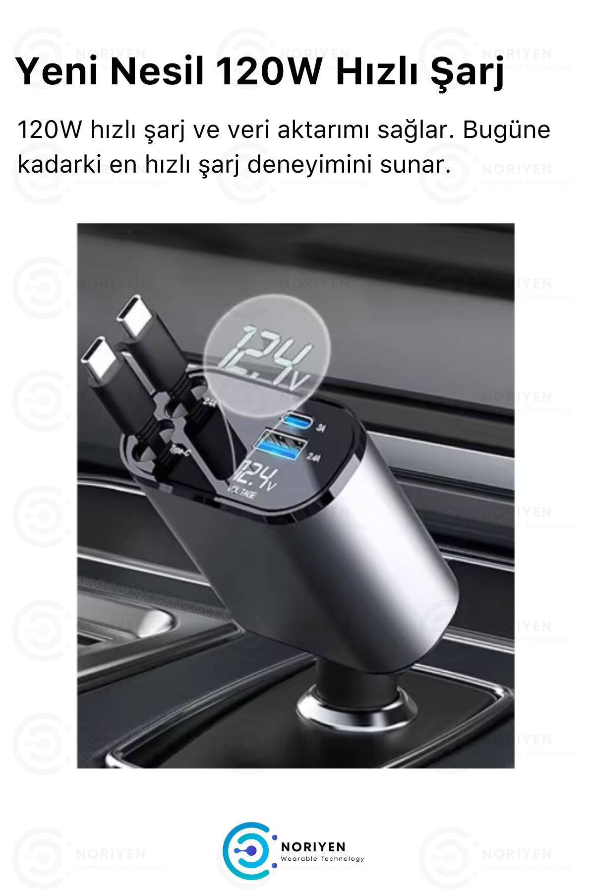 Yeni Nesil 4in1 120W Araba Hızlı Şarj Tüm Arabalara Uyumlu Type C + Lightning Kablolu Şarj Aleti