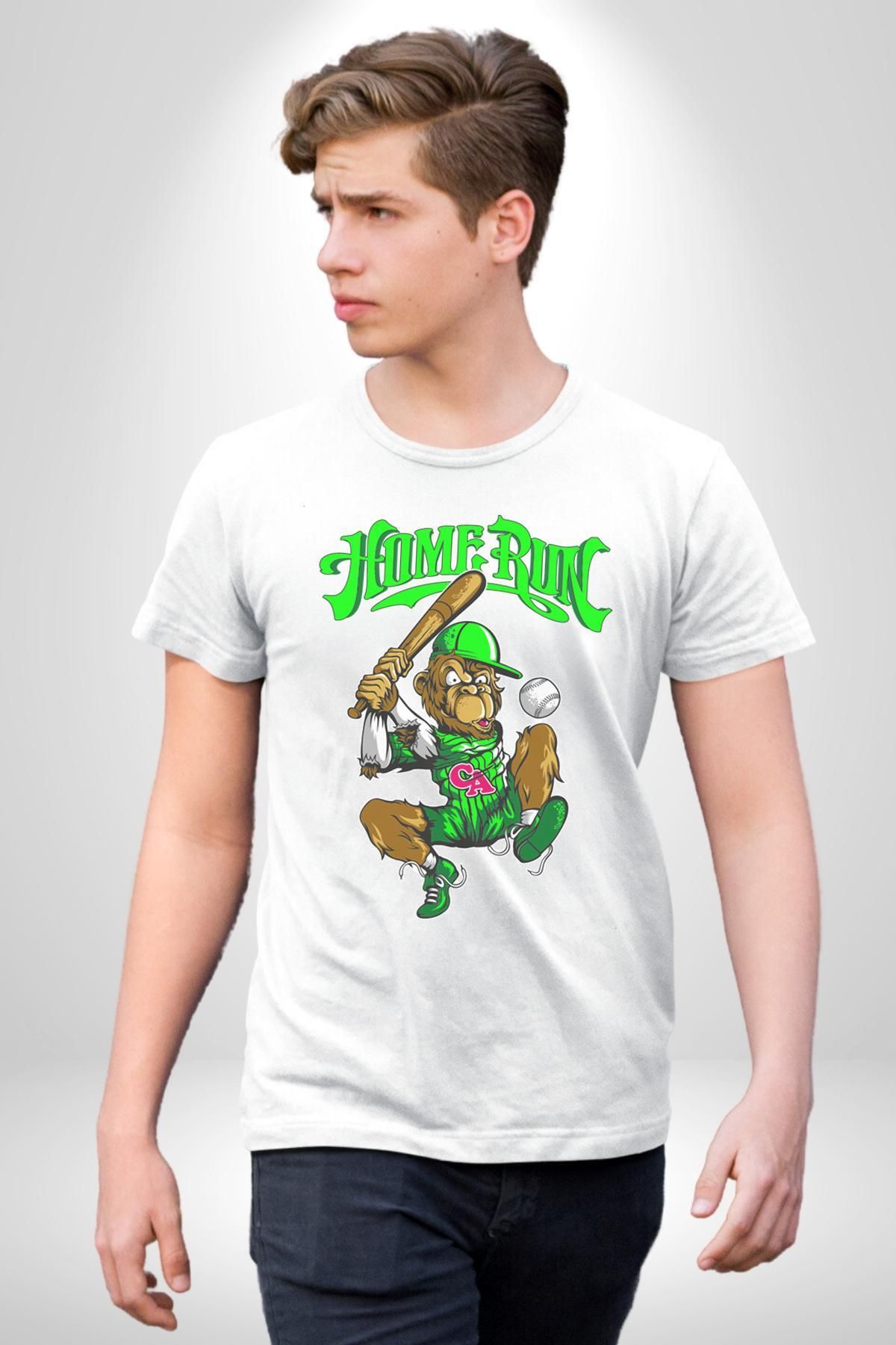 Navcoli-Home Run Monkey Baseball Fun Character Graphic Printed Cotton Combed Women Men White T-Shirt 3
