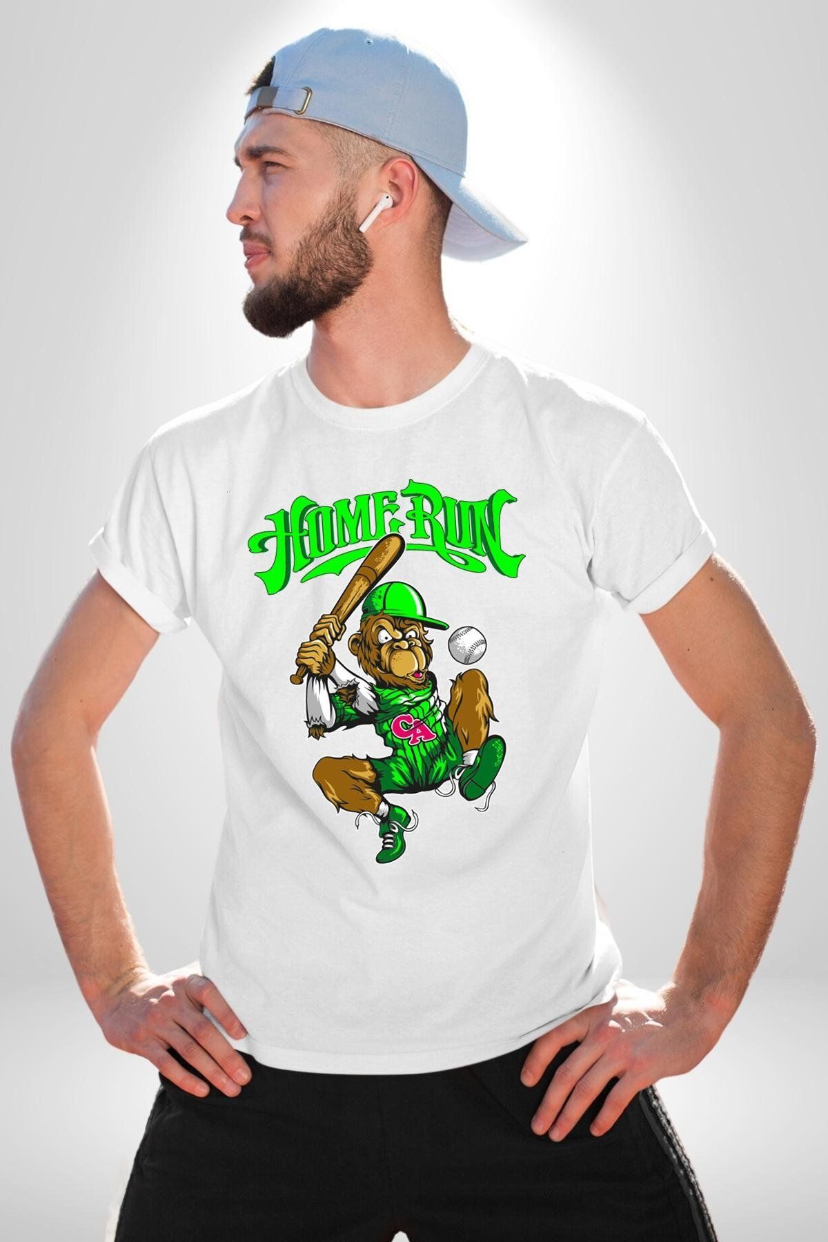 Navcoli-Home Run Monkey Baseball Fun Character Graphic Printed Cotton Combed Women Men White T-Shirt 2