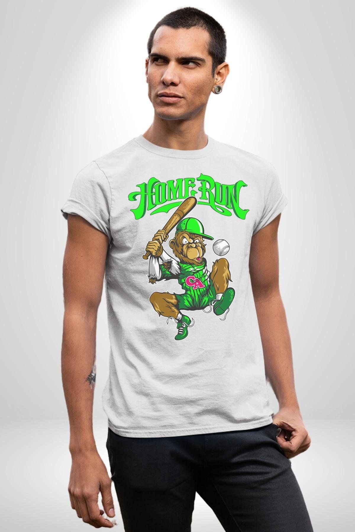 Navcoli-Home Run Monkey Baseball Fun Character Graphic Printed Cotton Combed Women Men White T-Shirt 6