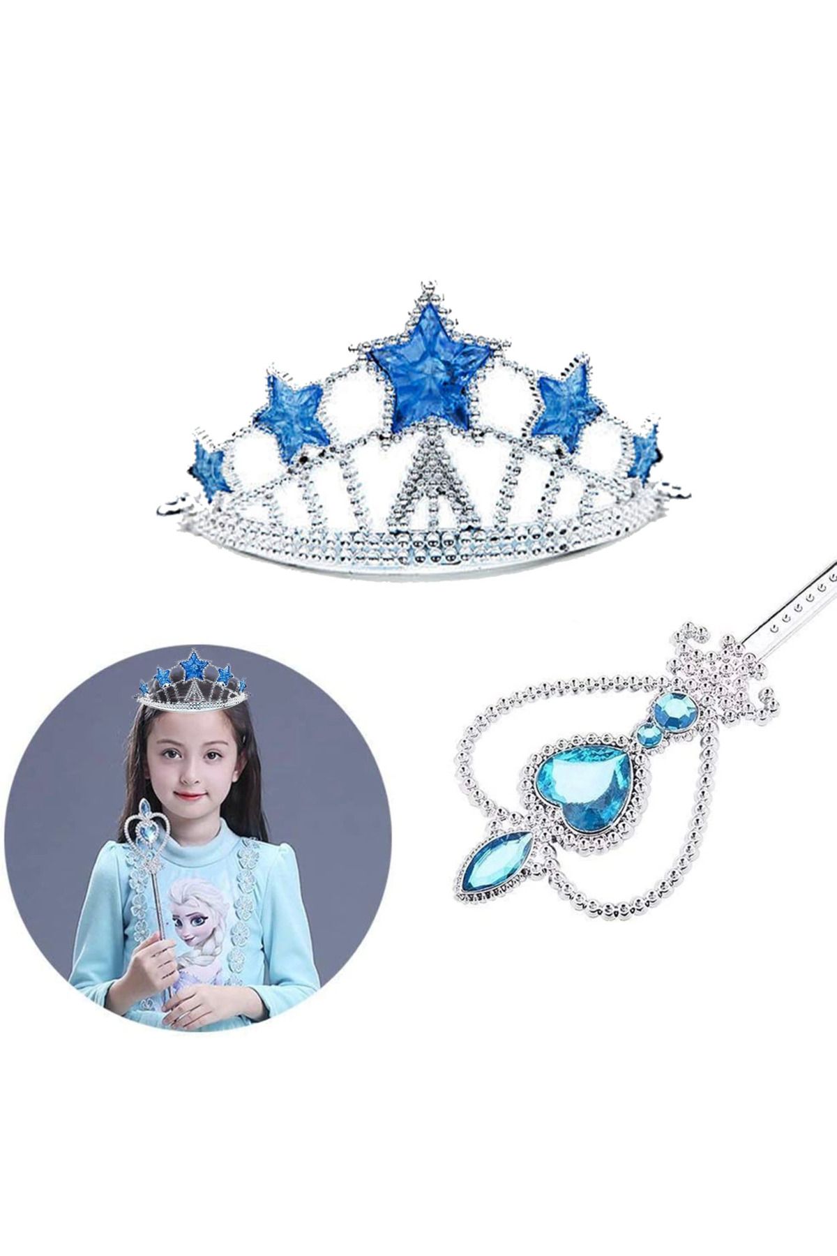Easy Tedarik Karlar Ülkesi Elsa Yıldız Mavi Taç Ve Elsa Asa Seti 2 Parça