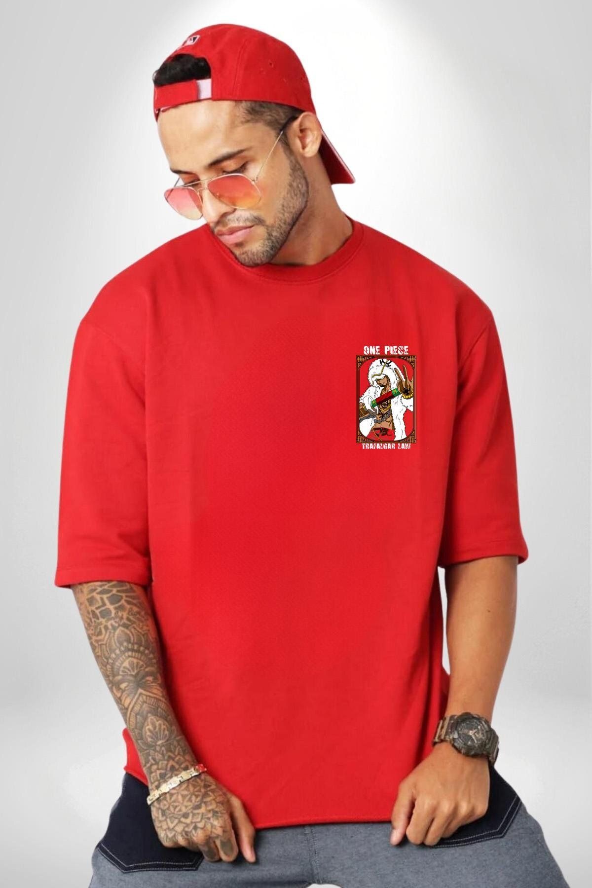 Navcoli-One Pice Trafalgar Law Anime Minimal Pocket Printed Cotton Combed Cotton Women Men Red T-Shirt 2