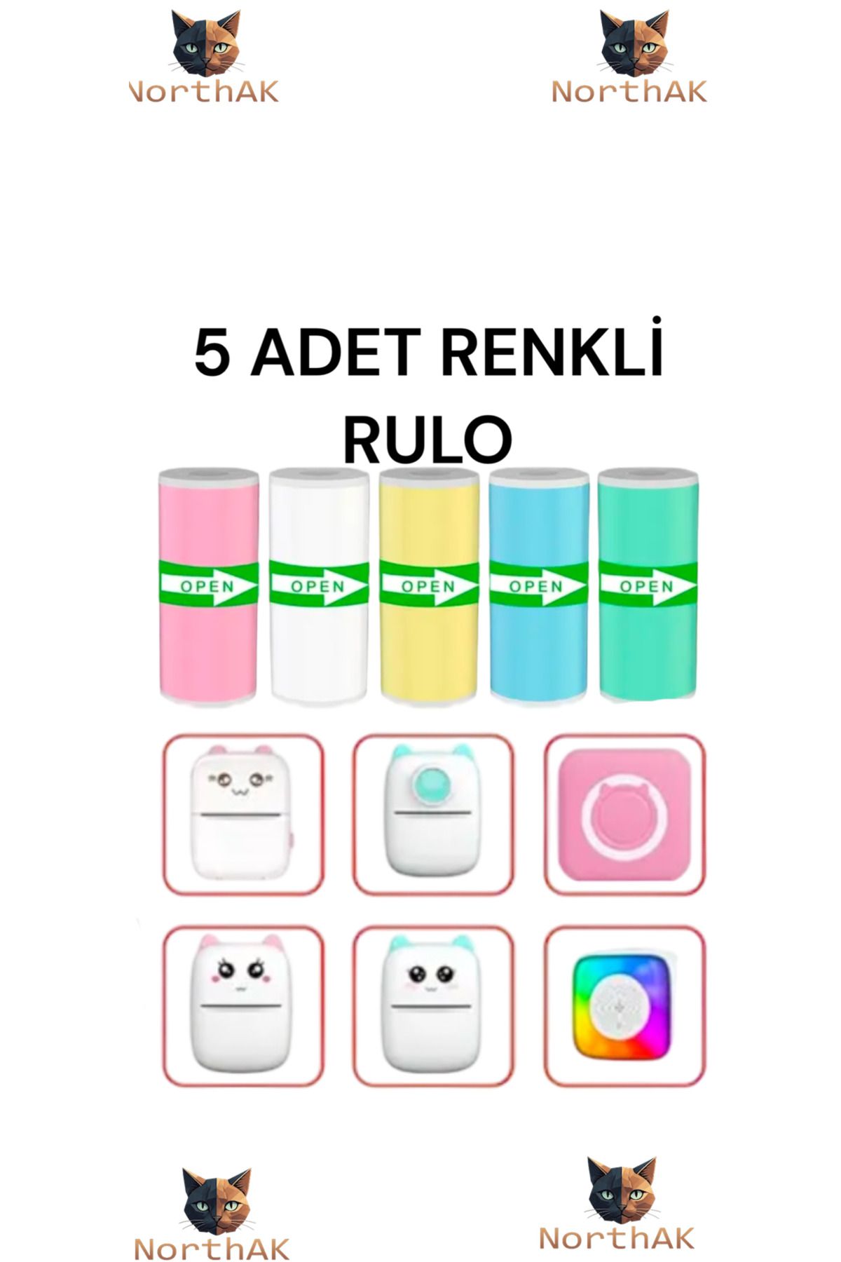 NorthAK 5 Adet Renkli Mini Yazıcı Rulosu Yapışkanlı Sticker - 5 Adet Renkli Mini Yazıcı Rulosu
