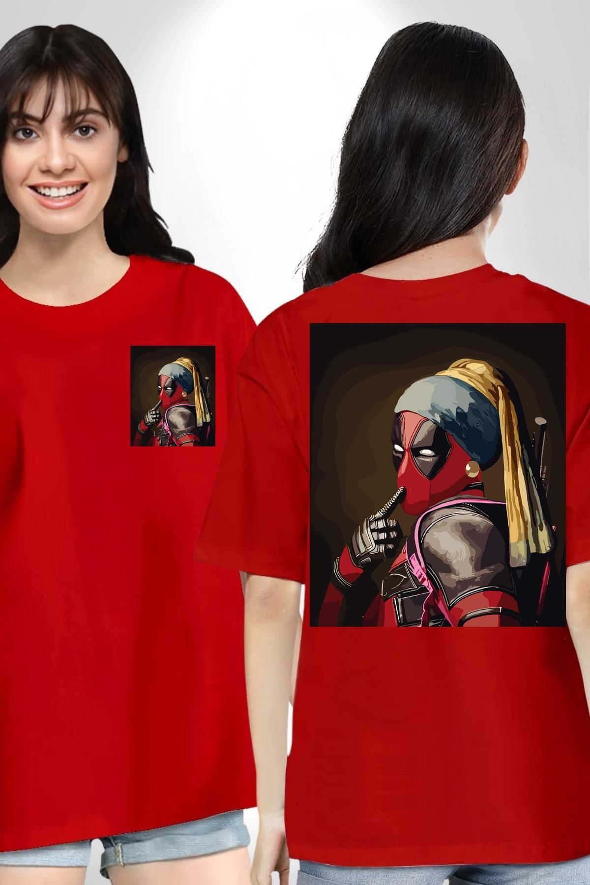 Navcoli-Deadpool Girl with Pearl Earrings Pocket Back Printed Cotton Combed Women's Men's Red T-Shirt 4