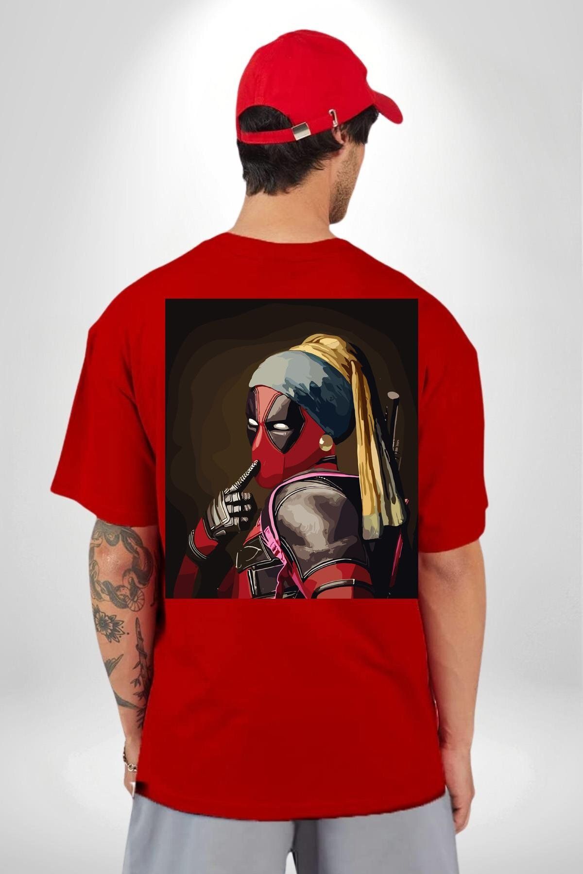 Navcoli-Deadpool Girl with Pearl Earrings Pocket Back Printed Cotton Combed Women's Men's Red T-Shirt 6