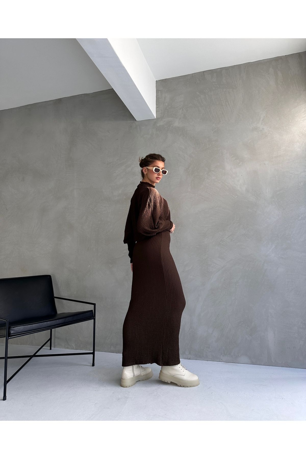 Fav Style-Brown Women's Blouse and Long Skirt Set - Half Stand Collar, Bat Sleeve and Slit Detail 4