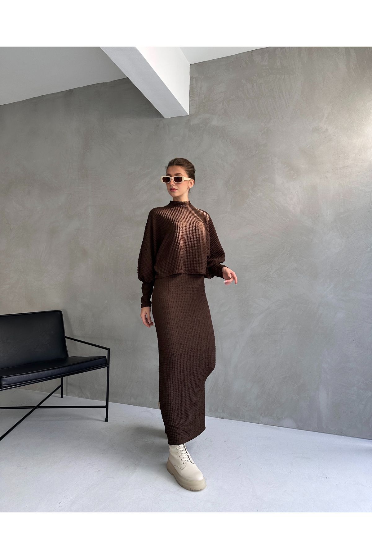 Fav Style-Brown Women's Blouse and Long Skirt Set - Half Stand Collar, Bat Sleeve and Slit Detail 1