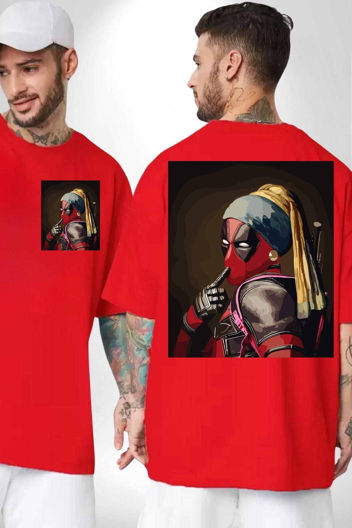 Navcoli-Deadpool Girl with Pearl Earrings Pocket Back Printed Cotton Combed Women's Men's Red T-Shirt 1