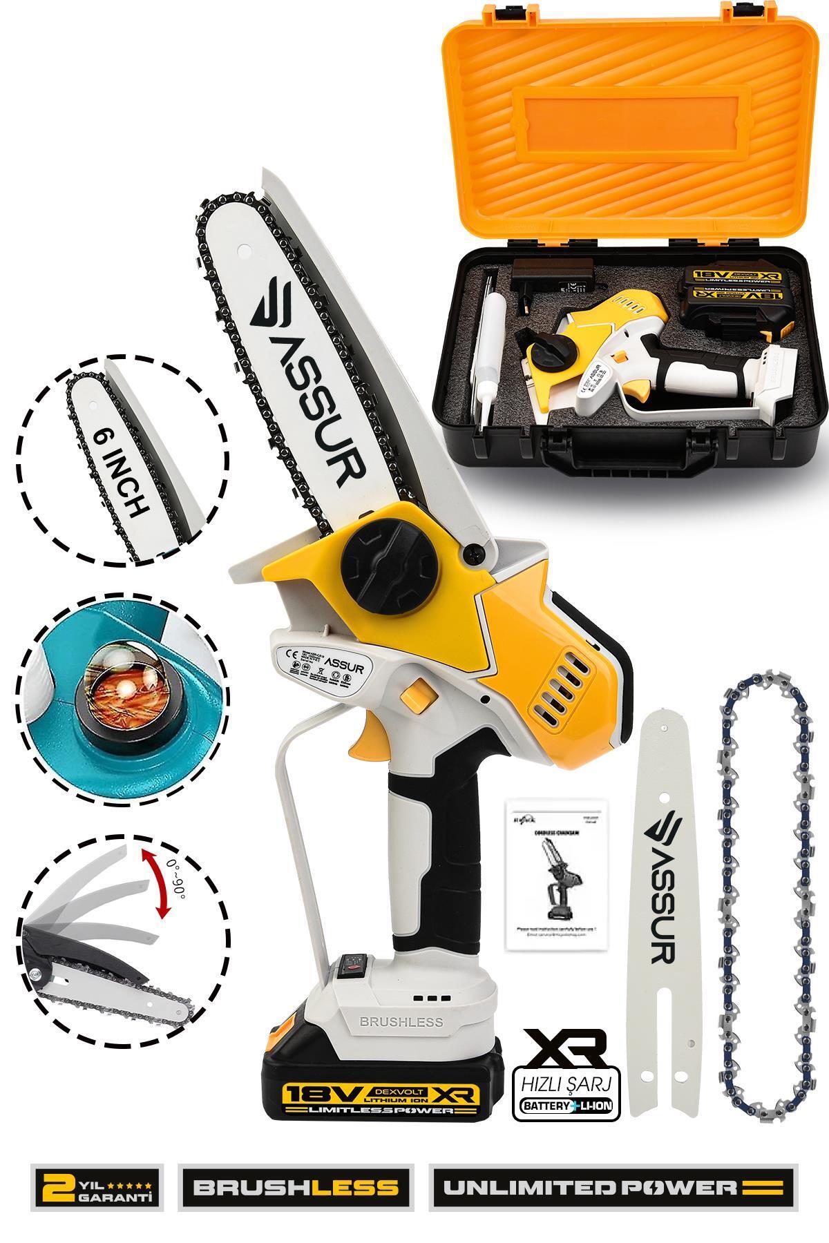 ASSUR Extra Kömürsüz Motor Şarjlı El Testeresi Ağaç Odun Dal Kesme Budama Sarı