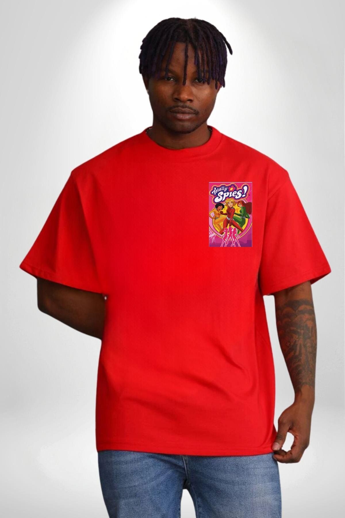 Navcoli-Totally Spies Spy Girls Cartoon Pocket Back Printed Cotton Combed Cotton Women Men Red T-Shirt 2