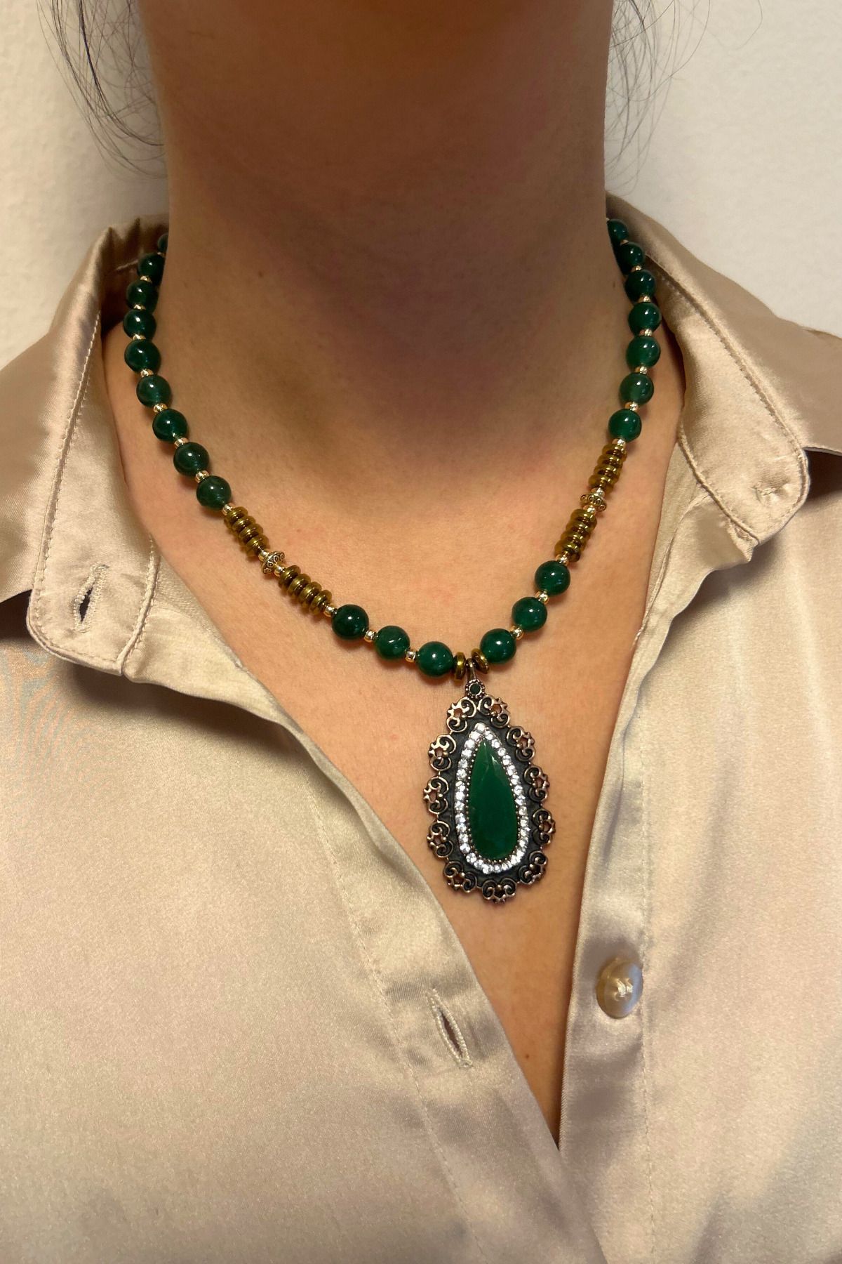 Suerte Accessories-Jade and Hematite Natural Stone Jeweler Handwork Diamond Mounted Handmade Natural Stone Necklace with Jade Tip 5