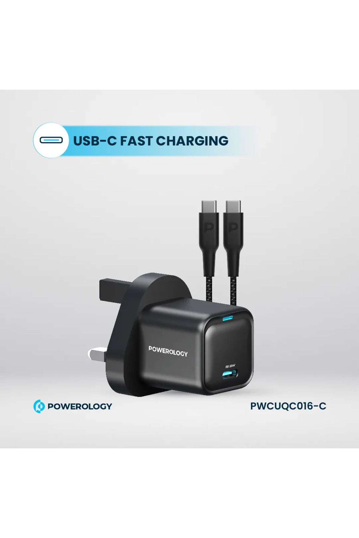 Powerology-20W Single C Port Pd Charger Uk With Type C To C 60W Cable - Black 7