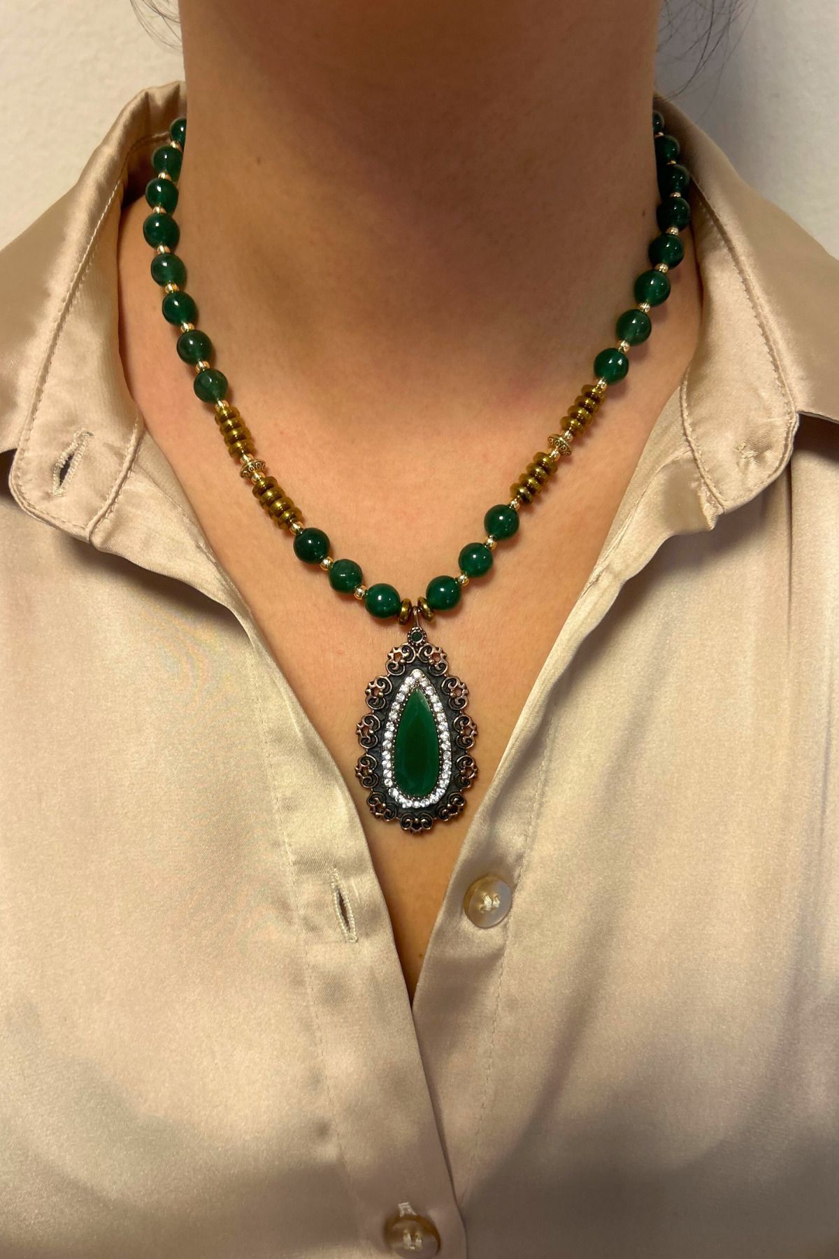 Suerte Accessories-Jade and Hematite Natural Stone Jeweler Handwork Diamond Mounted Handmade Natural Stone Necklace with Jade Tip 1