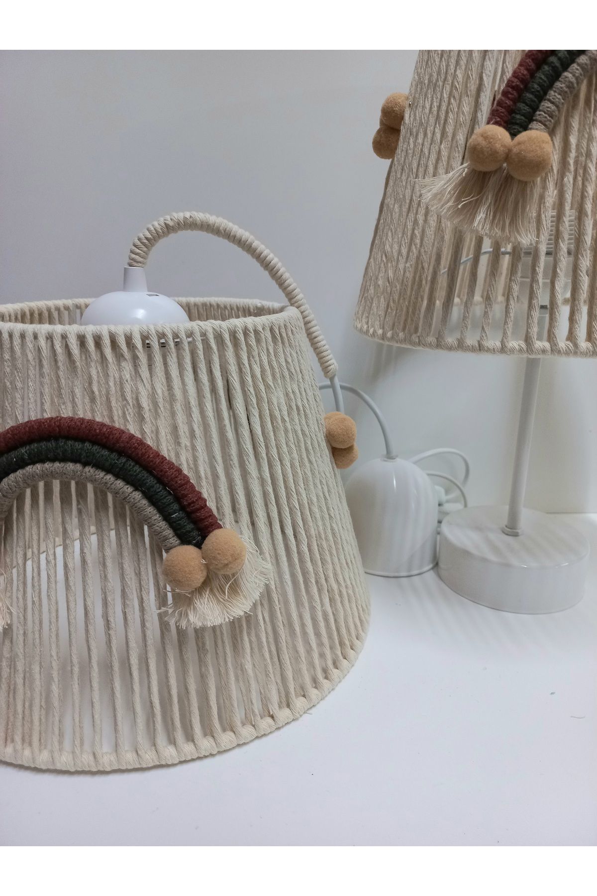 C&A&B KUZEY AVİZE-Ecru Macrame Rope Wrap - Chandelier and Lampshade Set with Rainbow Sconce 3