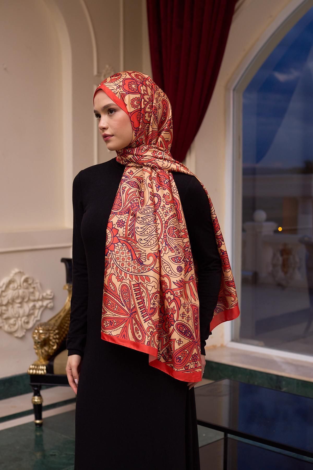 İpekhan-Gold Orange Patterned Voile Shawl - 9803-01 3