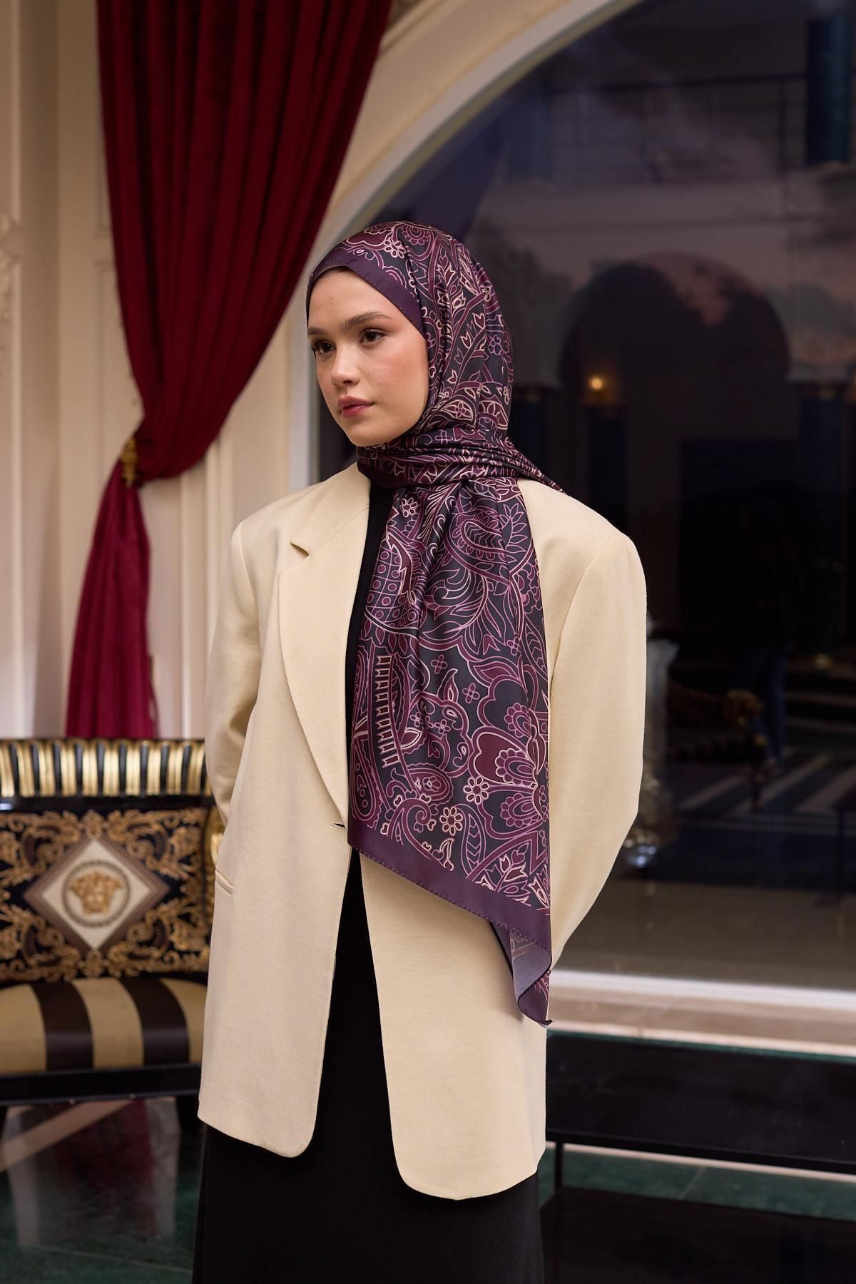 İpekhan-Plum and Silk Patterned Voile Shawl - 9803-19 2