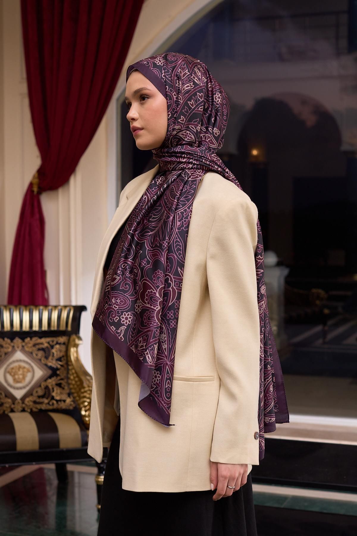 İpekhan-Plum and Silk Patterned Voile Shawl - 9803-19 3