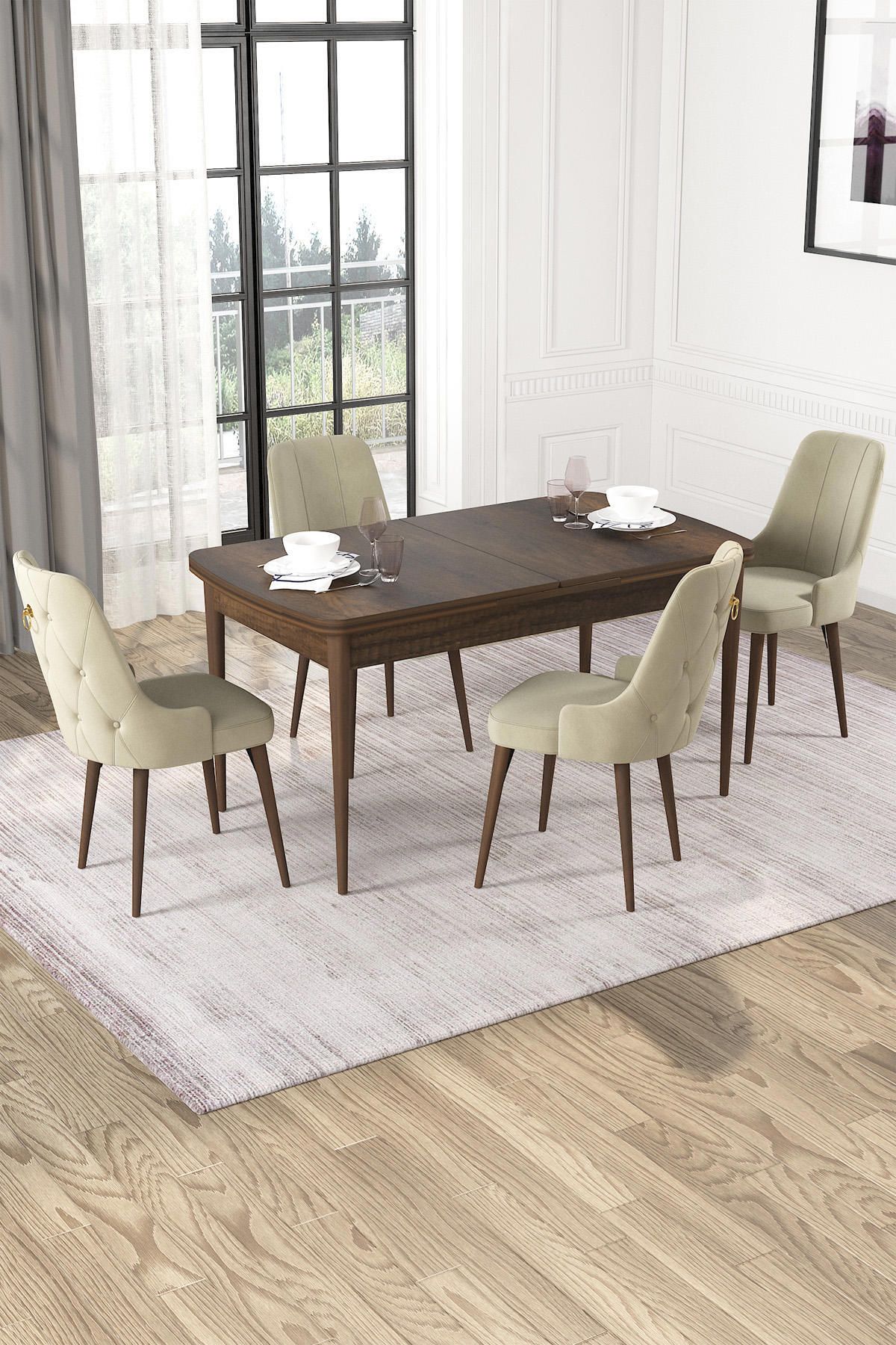 Lila Serisi Barok 70x110 Açılabilir MDF Mutfak Masası Takımı  BabyFace Kumaş 4 Adet Krem Sandalye-0