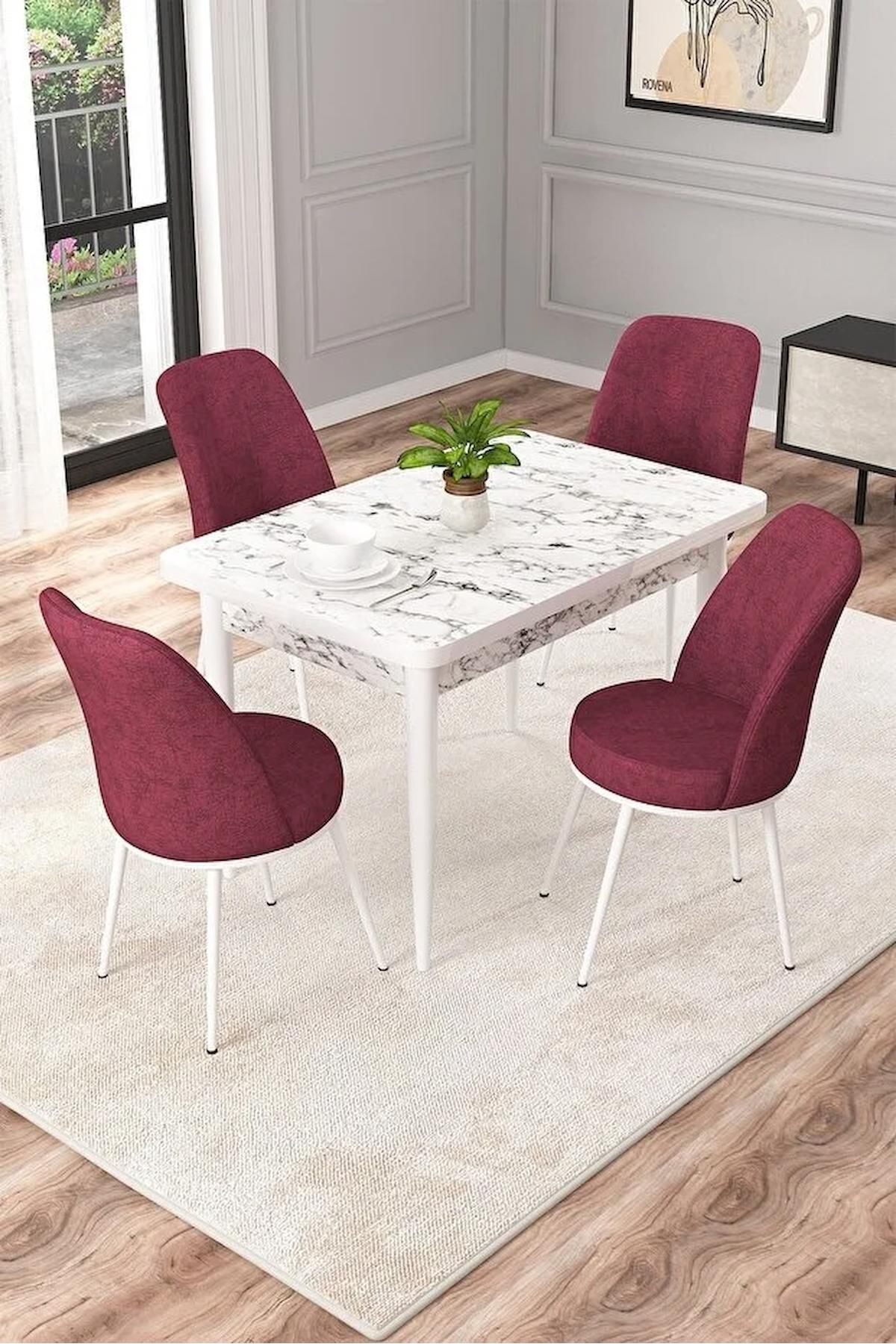 Raum Serisi Beyaz Mermer70x110 Sabit Suntalam Yemek Odası Takımı Metal Ayak 4 Adet Bordo Sandalye-0