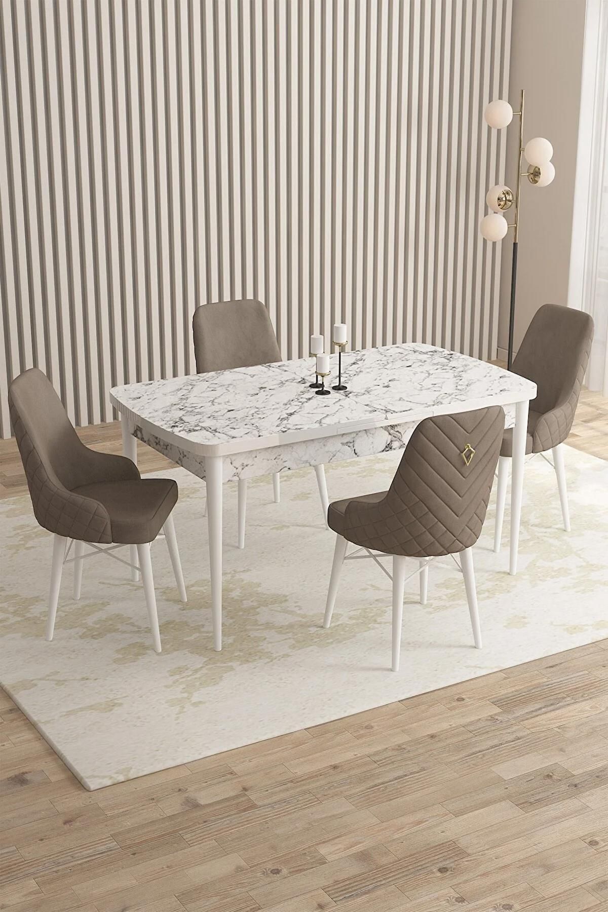 Almira Serisi Beyaz Mermer 70x110 Açılabilir MDF  Masa Takımı  BabyFace  4 Adet Cappucino Sandalye-0