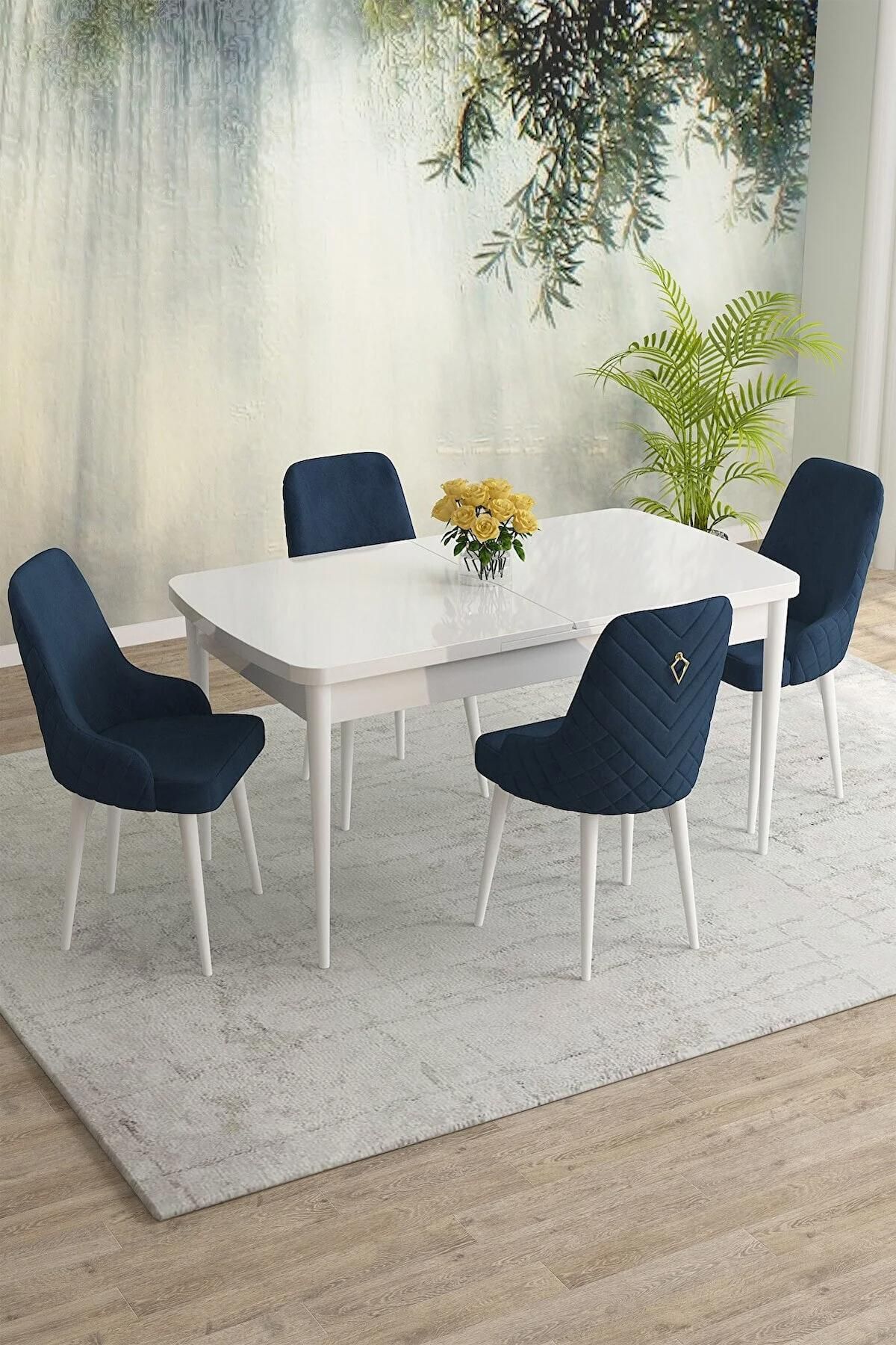 Blanca Serisi Beyaz  80x132 Açılabilir MDF  Masa Takımı  BabyFace Kumaş 4 Adet Lacivert Sandalye-0