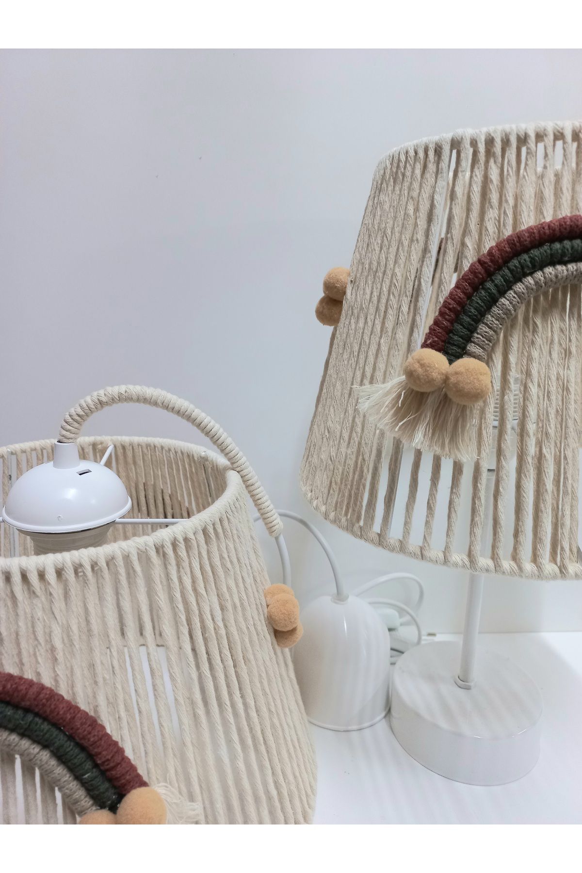 C&A&B KUZEY AVİZE-Ecru Macrame Rope Wrap - Chandelier and Lampshade Set with Rainbow Sconce 2