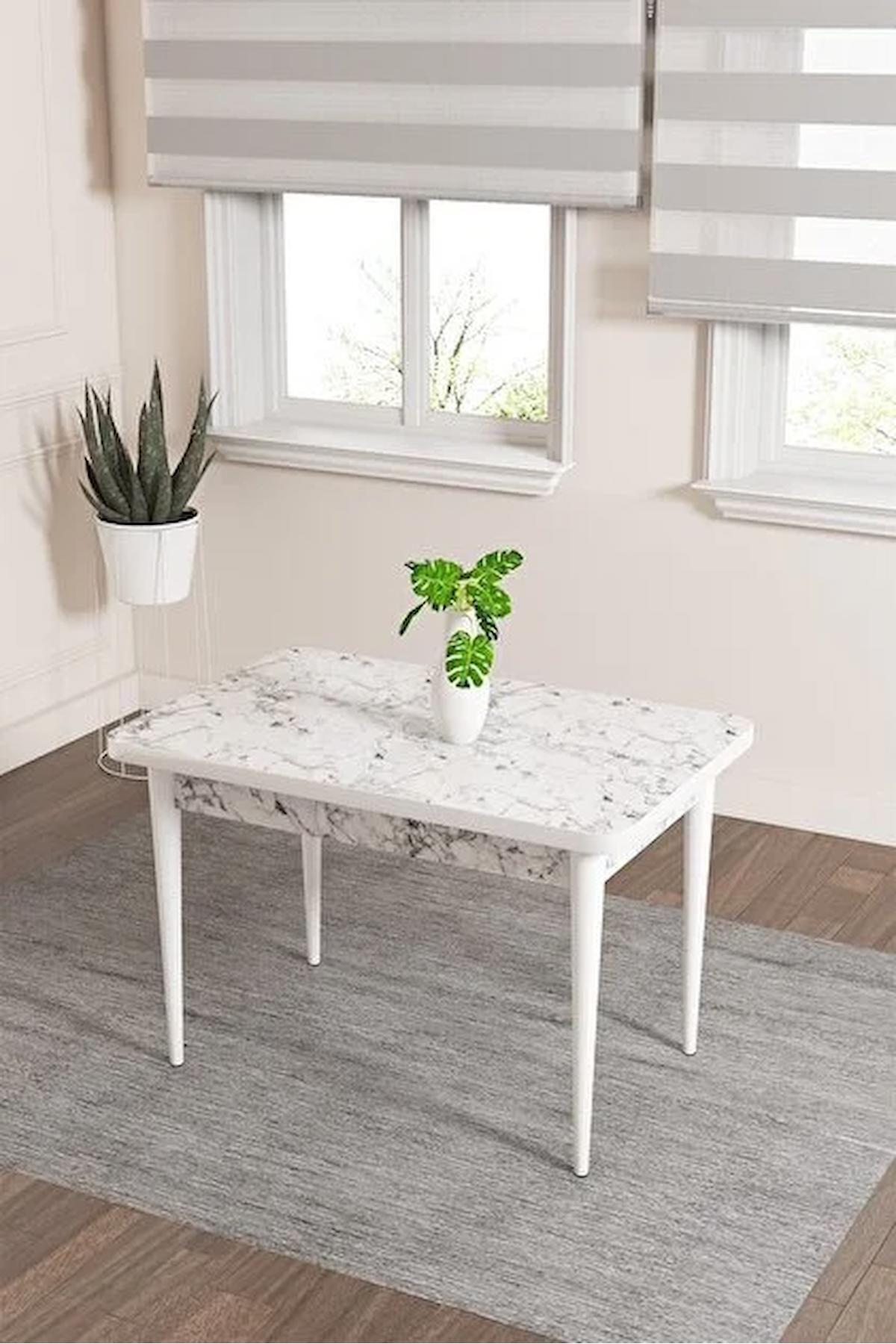 Raum Serisi Beyaz Mermer 70x110  Sunta Yemek Oda Takımı Metal Ayak 2 Adet Lacivert Sandalye-1