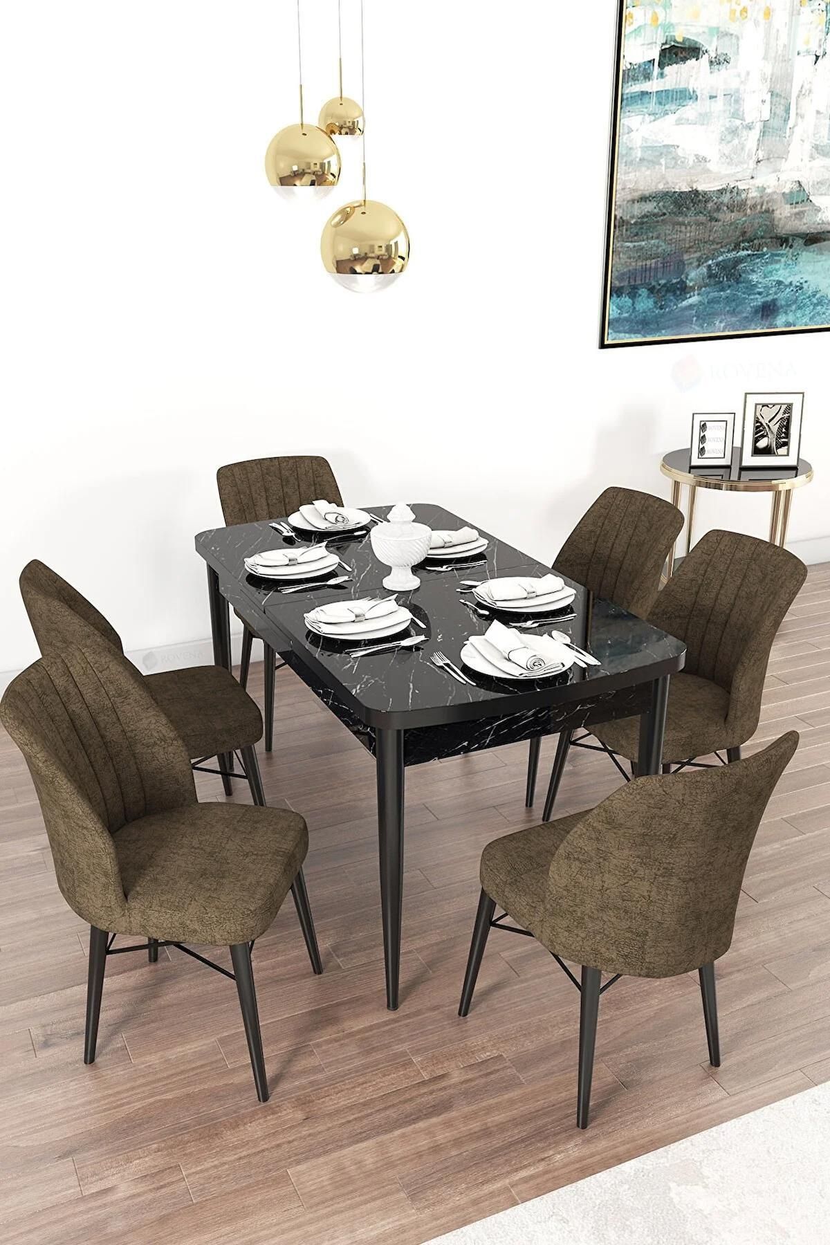 Mary Serisi Siyah Mermer 70x114 Açılabilir MDF Mutfak Masası Takımı  Kumaş 6 Adet Kahve Sandalye