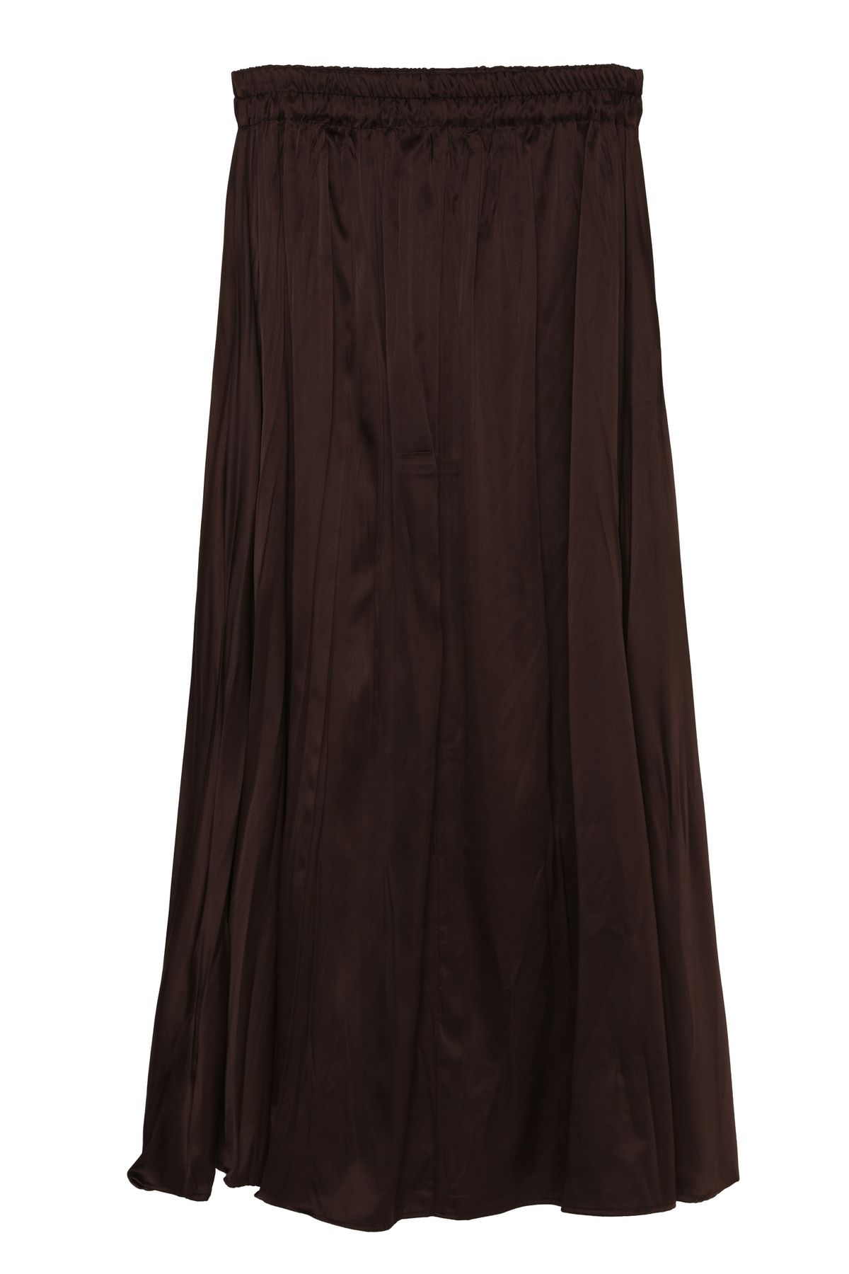 Quzu-Brown Midi Skirt - Elastic Waist and Pleated 1