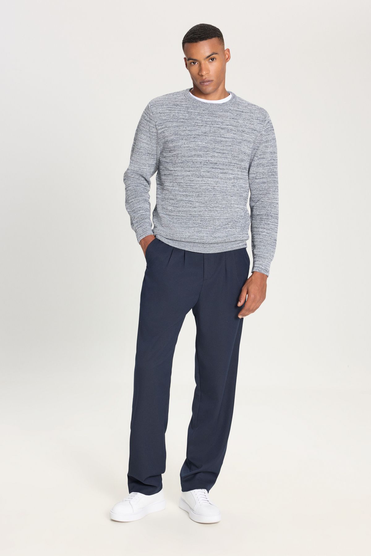 ALTINYILDIZ CLASSICS-Men's Navy Blue/Grey - Crew Neck Patterned Standard Fit Knitwear Sweater 2