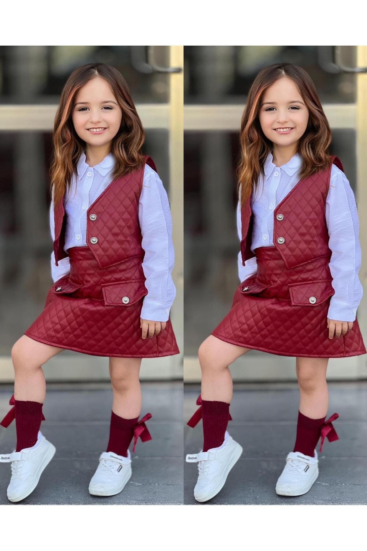 Bebeğimin Dolabında-Red Girl's Set with Skirt and Vest - Leather Detail 2