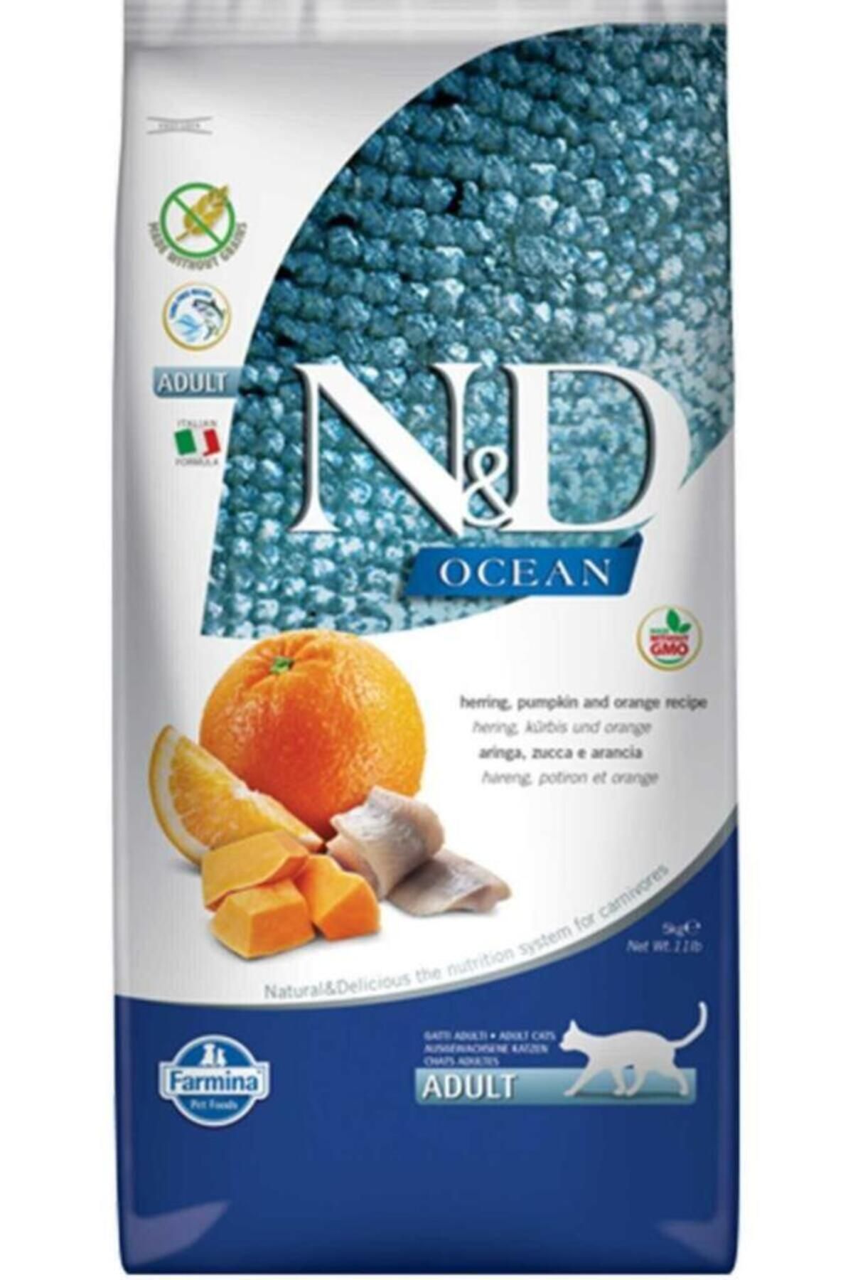 ND Ocean Ringa Balıklı, Balkabaklı ve Portakallı Tahılsız Yetişkin Kedi Maması 5 kg (:02/2025) -