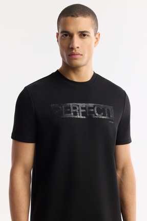 Avva Erkek Siyah Bisiklet Yaka Baskılı Bi-Stretch İnterlok Regular Fit T-Shir...