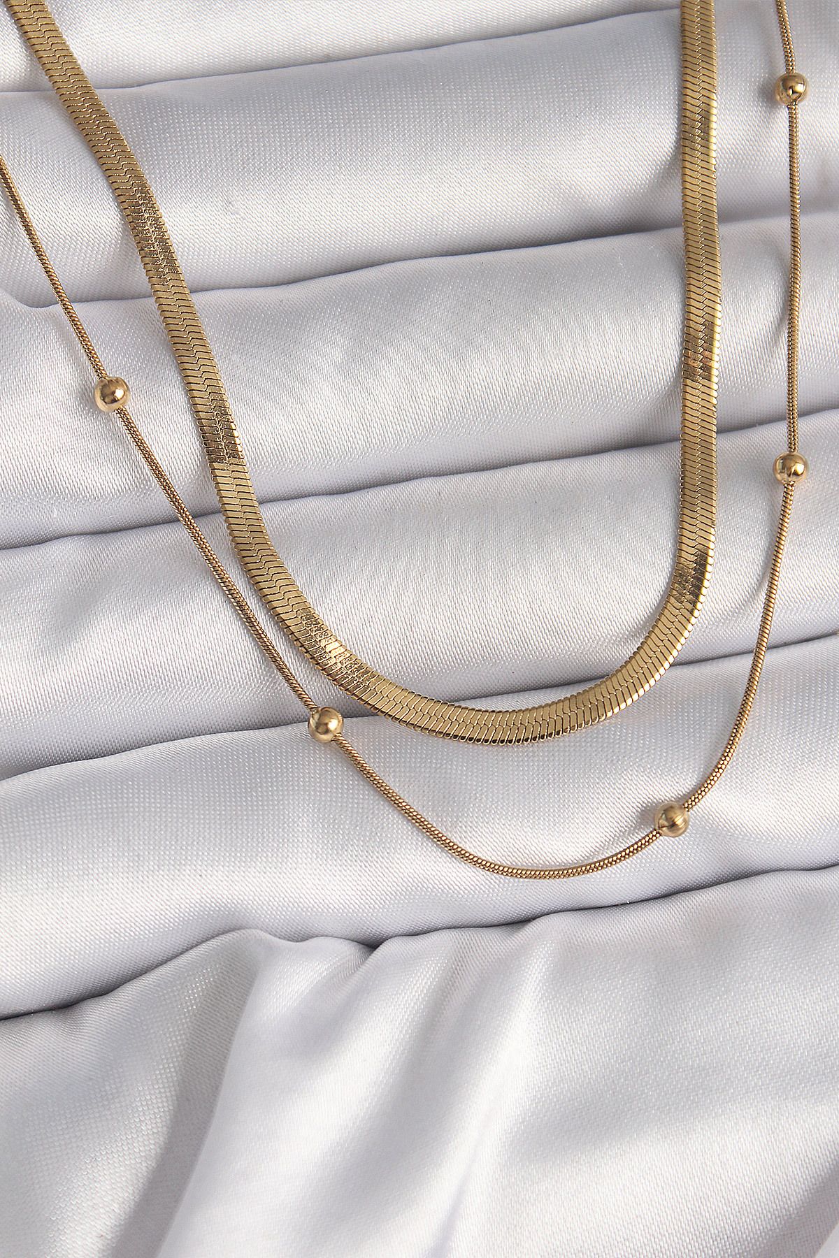 KfksStore 316L Çelik Gold Renk 2 Li İtalyan Zincir Topçuk Detay Kadın Kolye