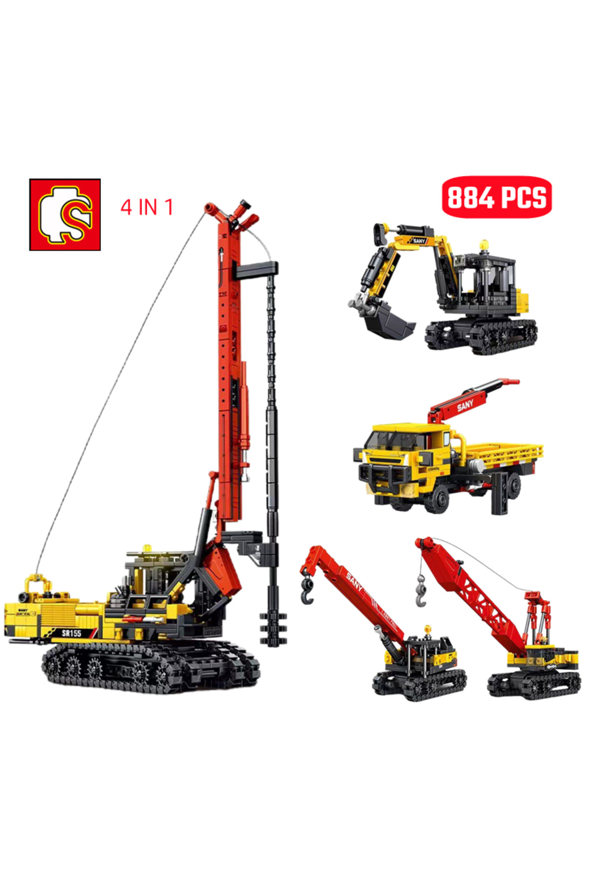 ۸۸۴ قطعه بدون جعبه، کیت بلوک‌های ساختمانی با دریل گردان ۴ در ۱، ساخت‌وساز شهری، مهندسی، وسایل نقلیه و غیره