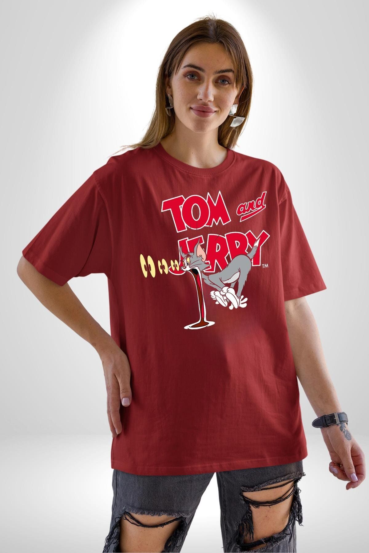 Navcoli-Tom and Jerry Confused Look Cartoon Graphic Printed Cotton Combed Cotton Women Men Red T-Shirt 4