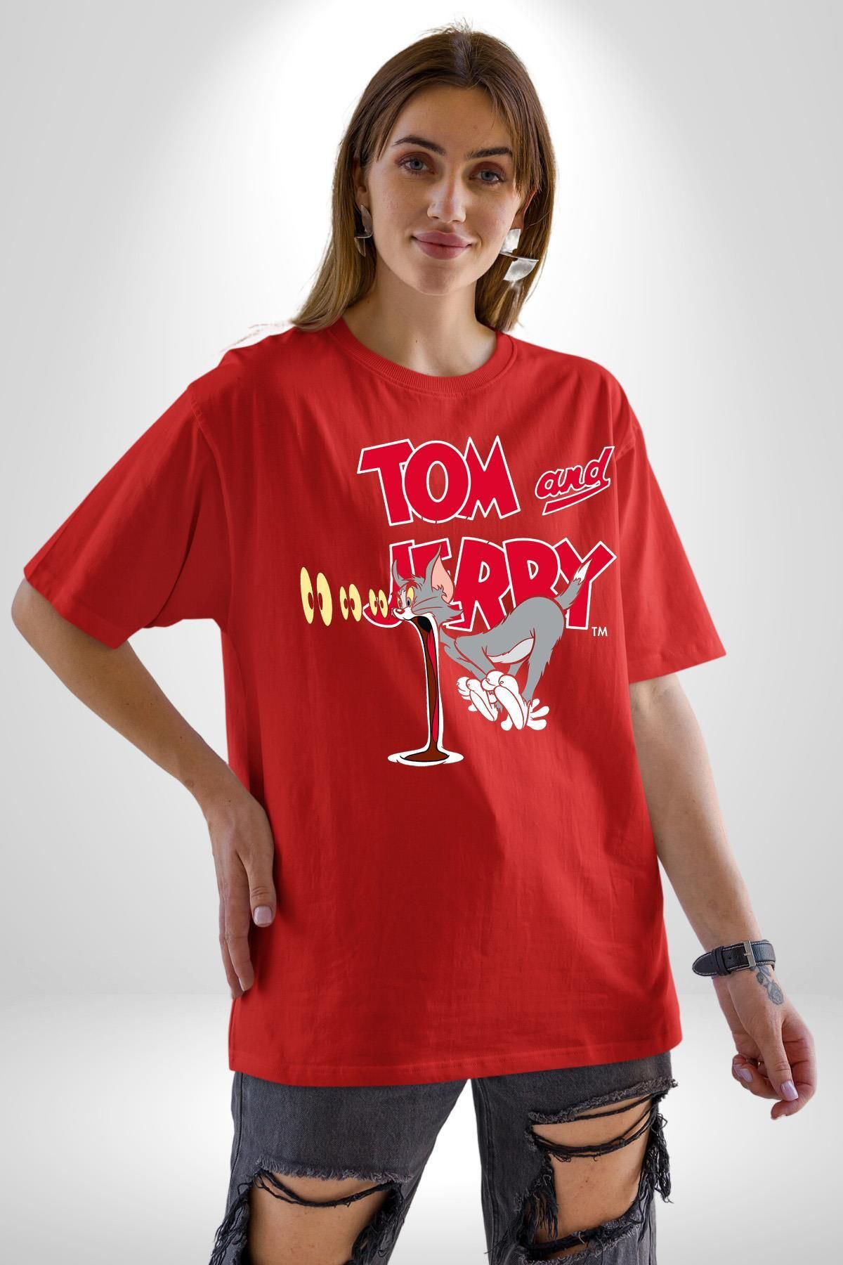 Navcoli-Tom and Jerry Confused Look Cartoon Graphic Printed Cotton Combed Cotton Women Men Red T-Shirt 1