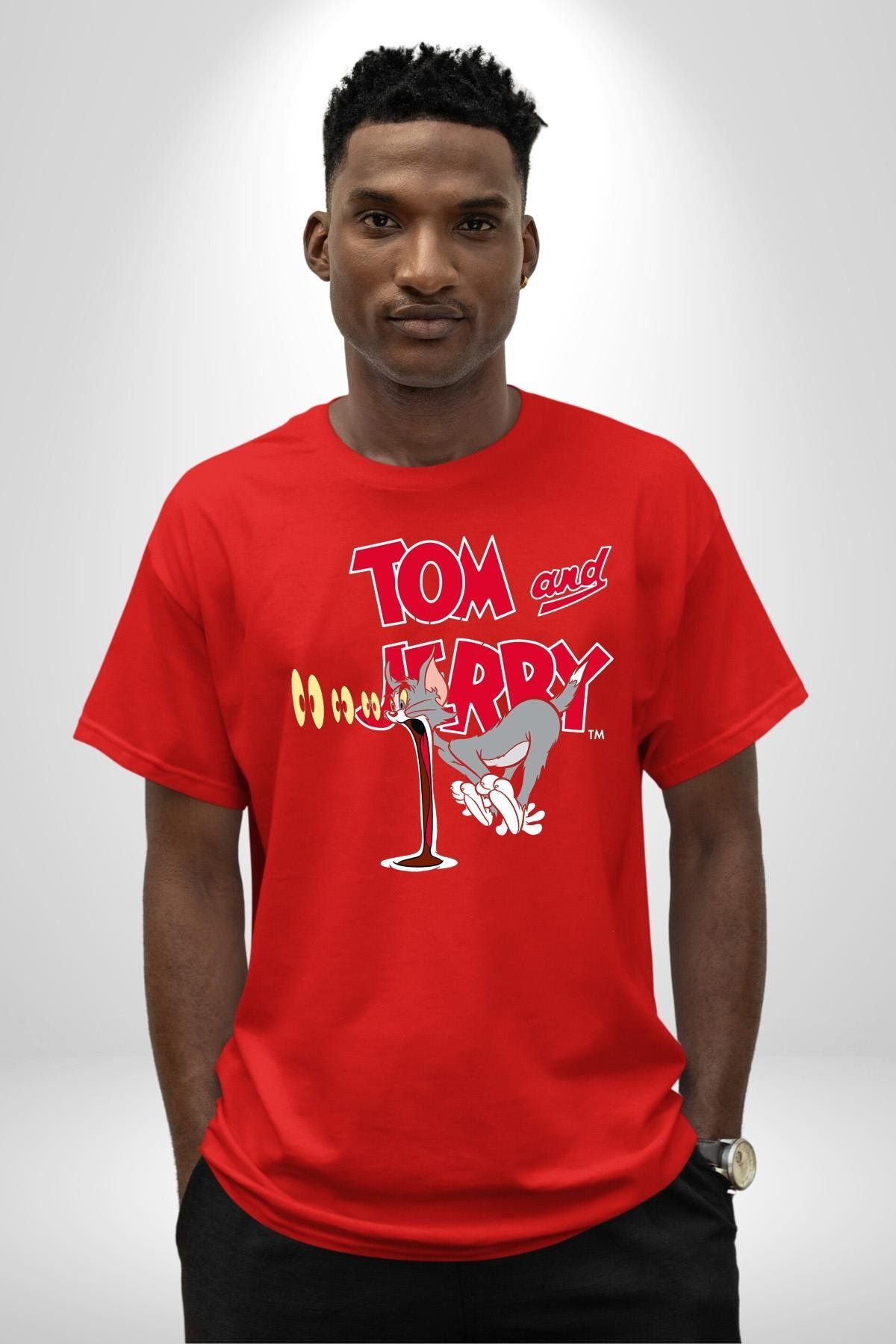 Navcoli-Tom and Jerry Confused Look Cartoon Graphic Printed Cotton Combed Cotton Women Men Red T-Shirt 5