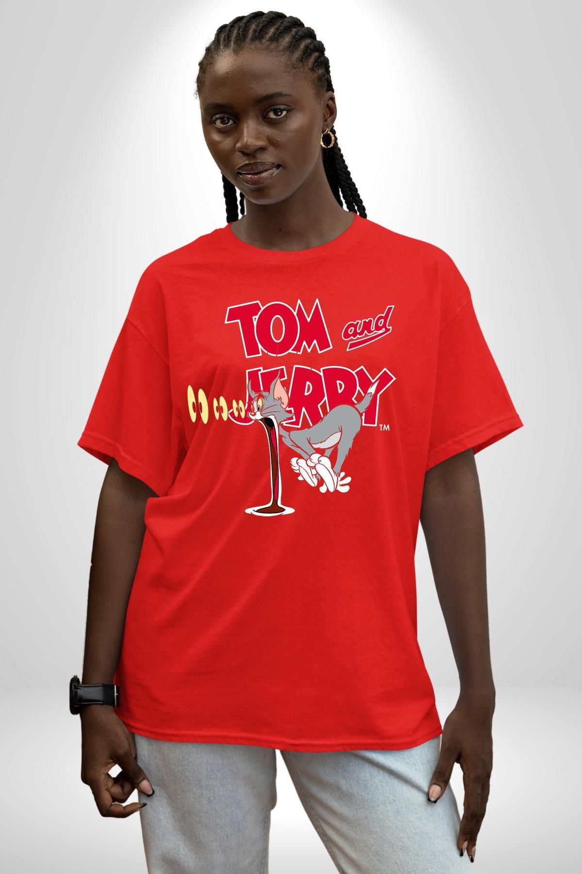 Navcoli-Tom and Jerry Confused Look Cartoon Graphic Printed Cotton Combed Cotton Women Men Red T-Shirt 2