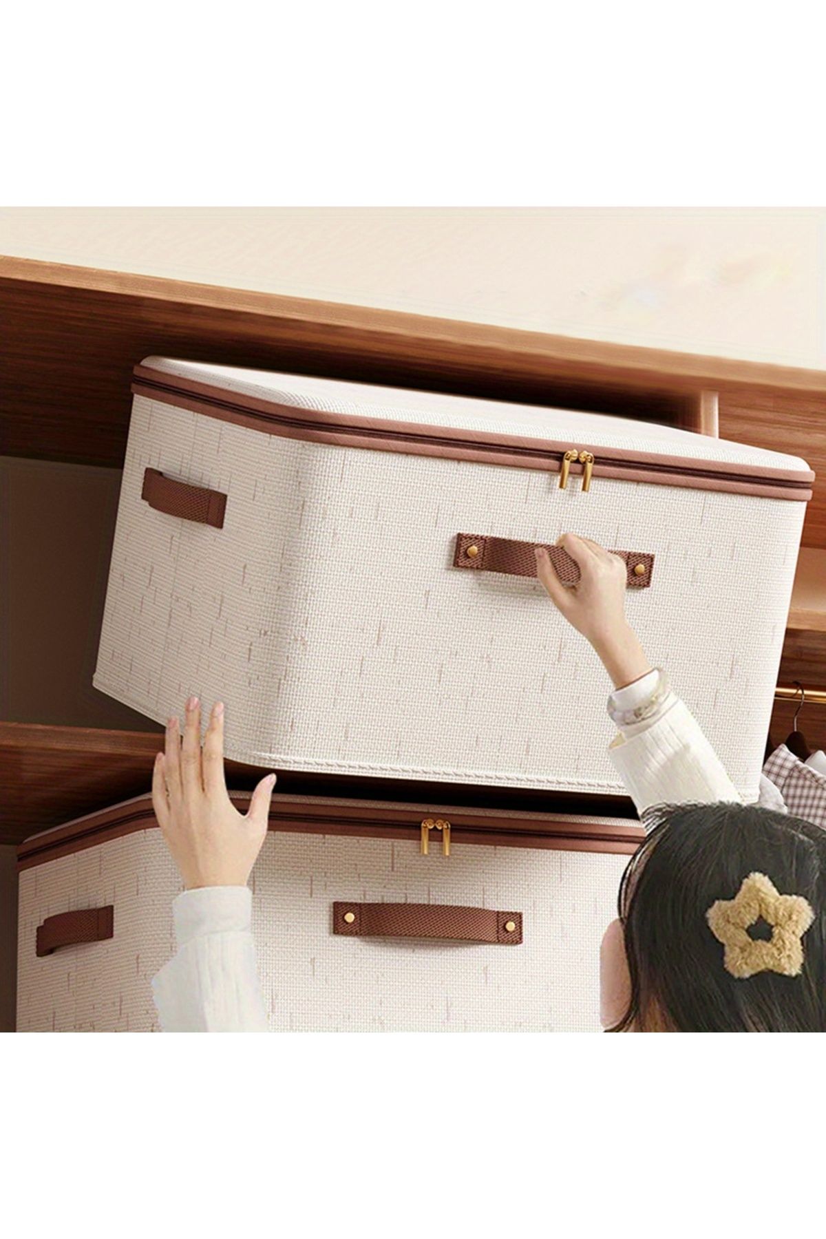 Choice-صناديق تخزين بسحاب من الكتان البيج مقاس L، صناديق تنظيم ملابس من قماش غير منسوج لخزانة غرفة النوم المنزلية 8